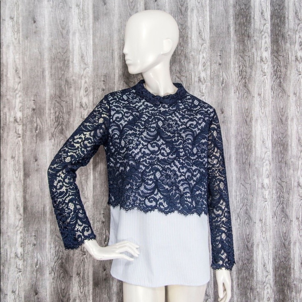 SANDRO Paris Womens Shirt Blue Lace Striped Long sleeve size 2/US4